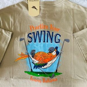 Tommy Bahama Men’s PRACTICE YOUR SWING T-shirt Size L Khaki Tan Beach Graphics